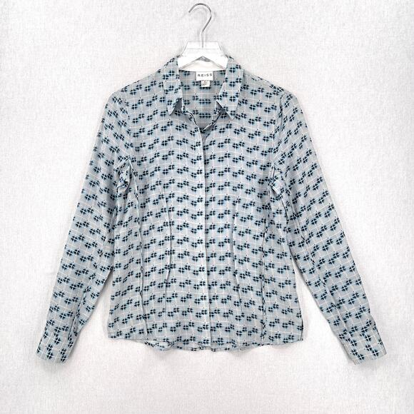 REISS Lucia Button Up Top Womens 4 Light Blue Water Color Printed Long Sleeve - Picture 1 of 15